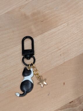 Black & White Cat Keychain Charm with Gold Star Accent